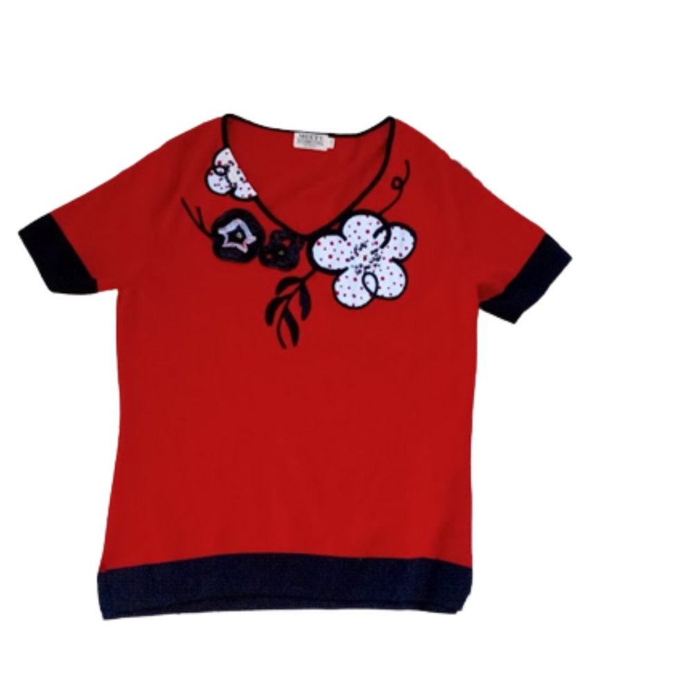 Red , black and White Embellished Short Sleeve Top Large ---